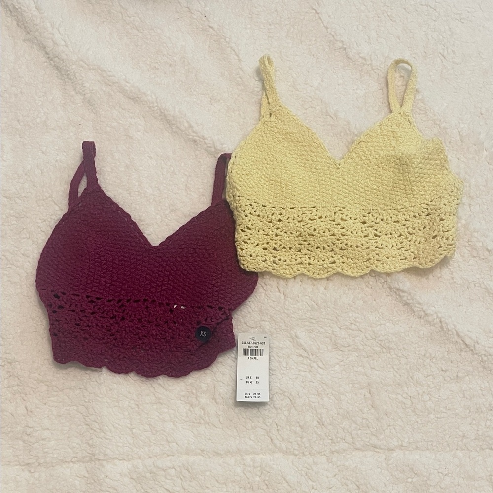 Hollister Crochet Bralette Set Burgundy Butter Yellow 2 Piece Boho Festival Tops